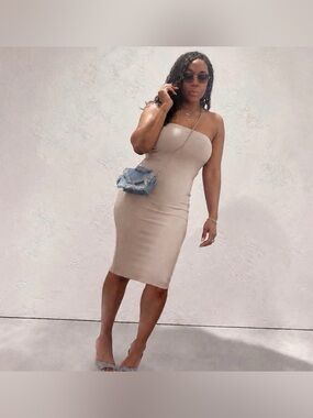 Strapless Figure-Flattering Midi Dress in Beige